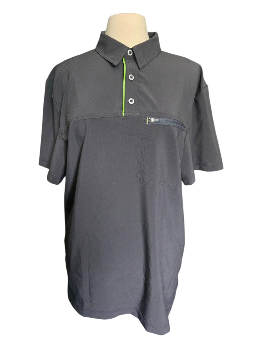 Men's Short Sleeve Polo with Zip Chest Pocket - Charcoal/Neon Trim x2